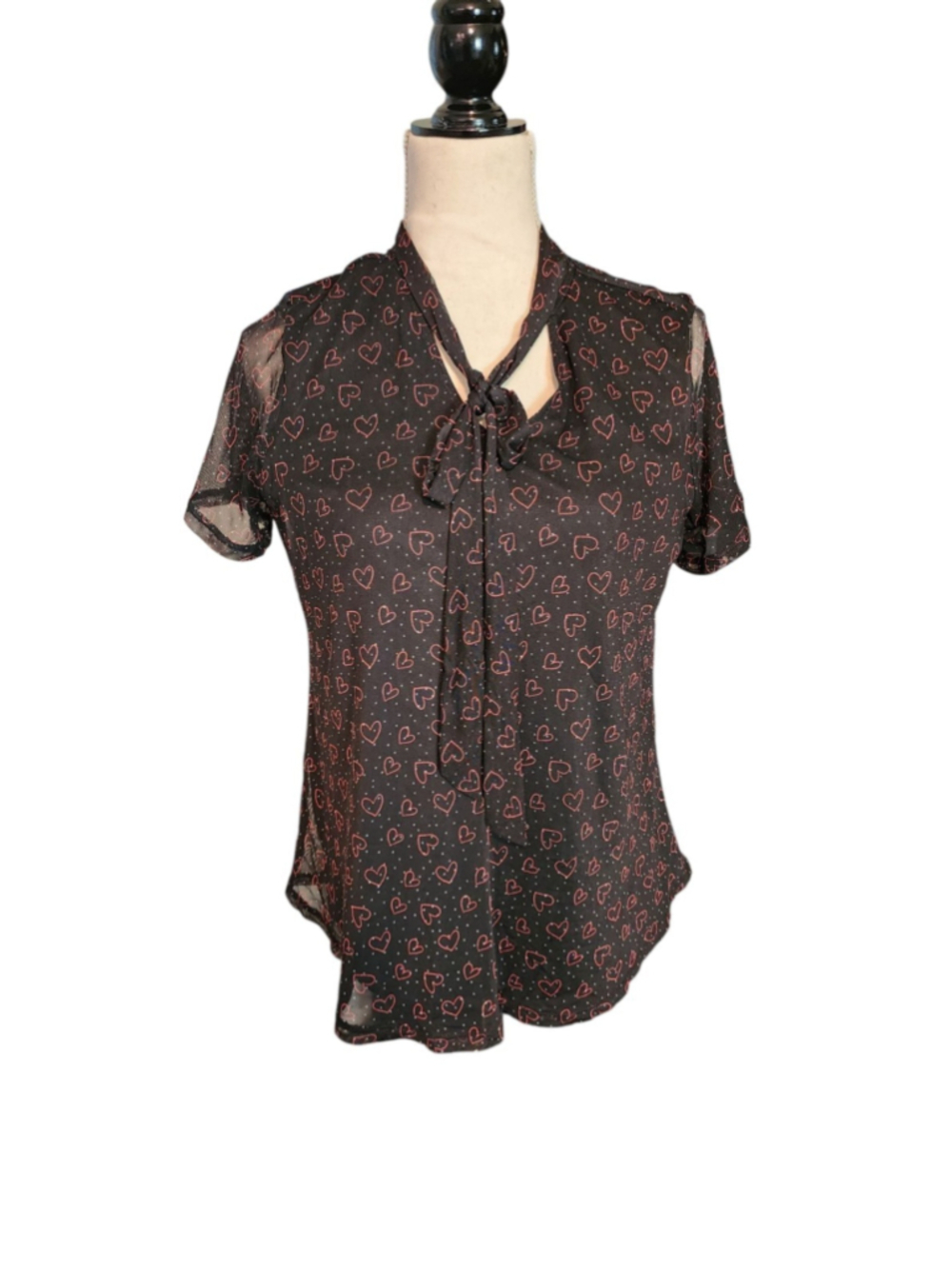 Cocomo Black Sheer Heart Print Blouse Top S Short Sleeve Tie Neck Mesh Romantic